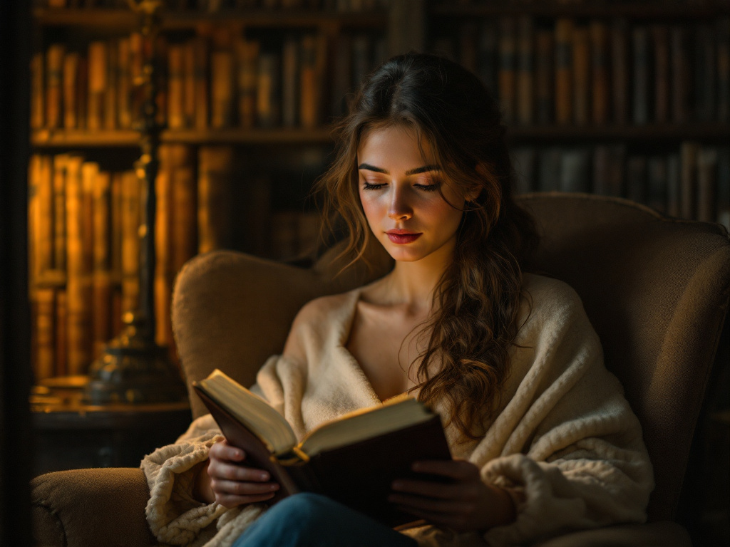 Person focused on reading a book in a quiet environment