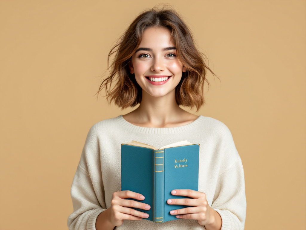 Smiling student holding a book, radiating confidence