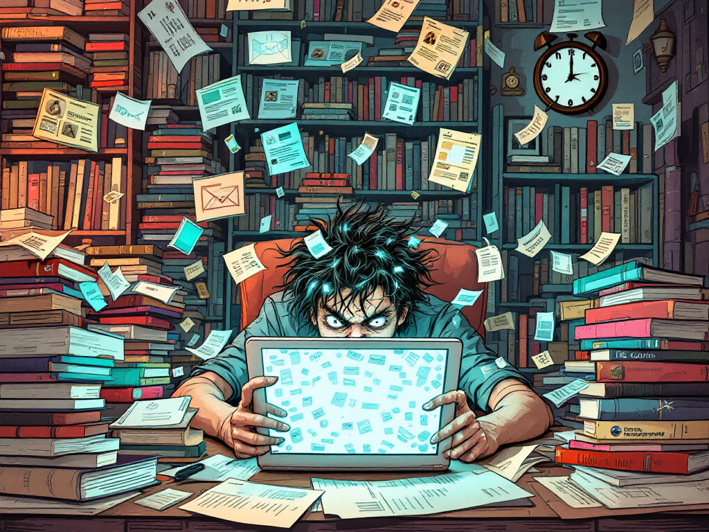 Illustration of information overload with books and digital screens